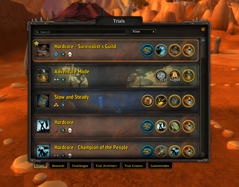 The Trials window showing the available leveling challenges