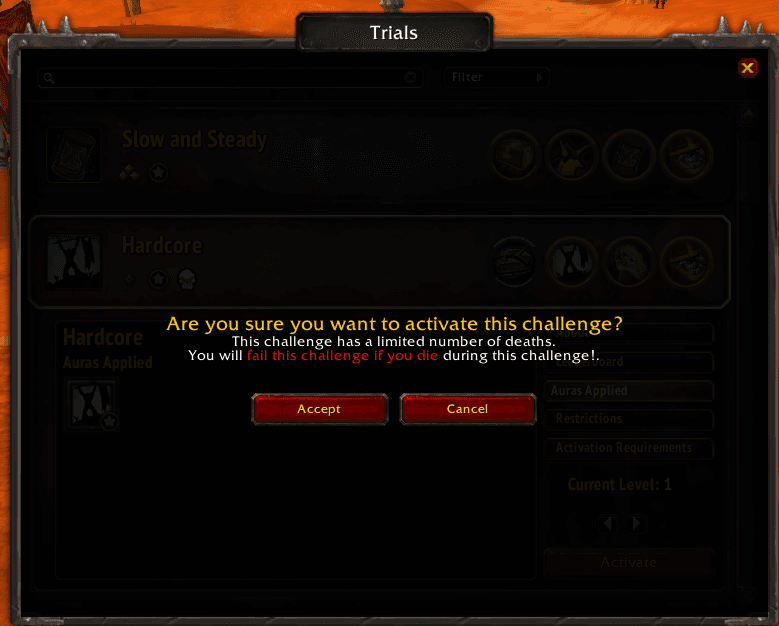 Confirmation message shown before activating the Hardcore challenge