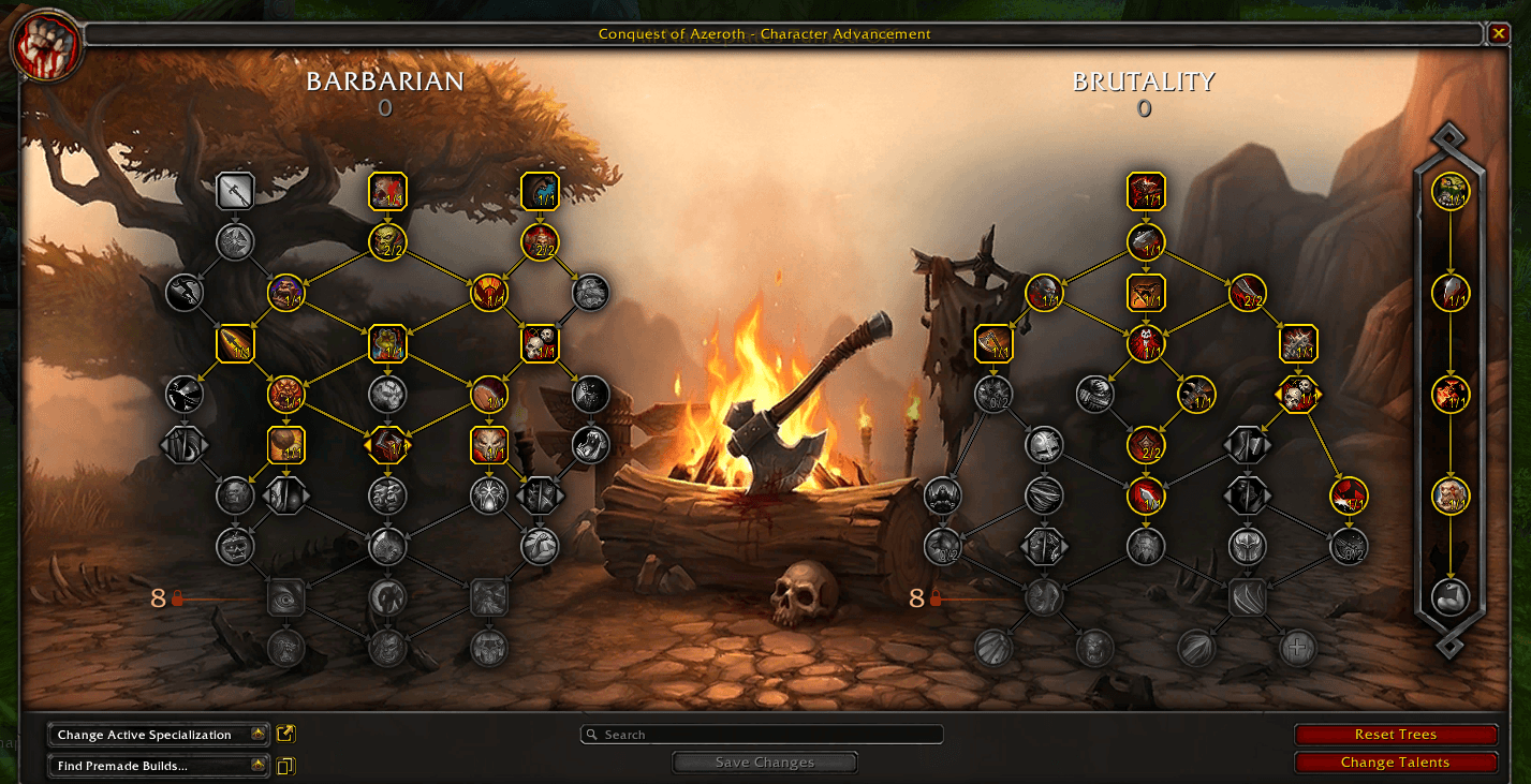 Barbarian and Brutality talent trees in the character advancement interface