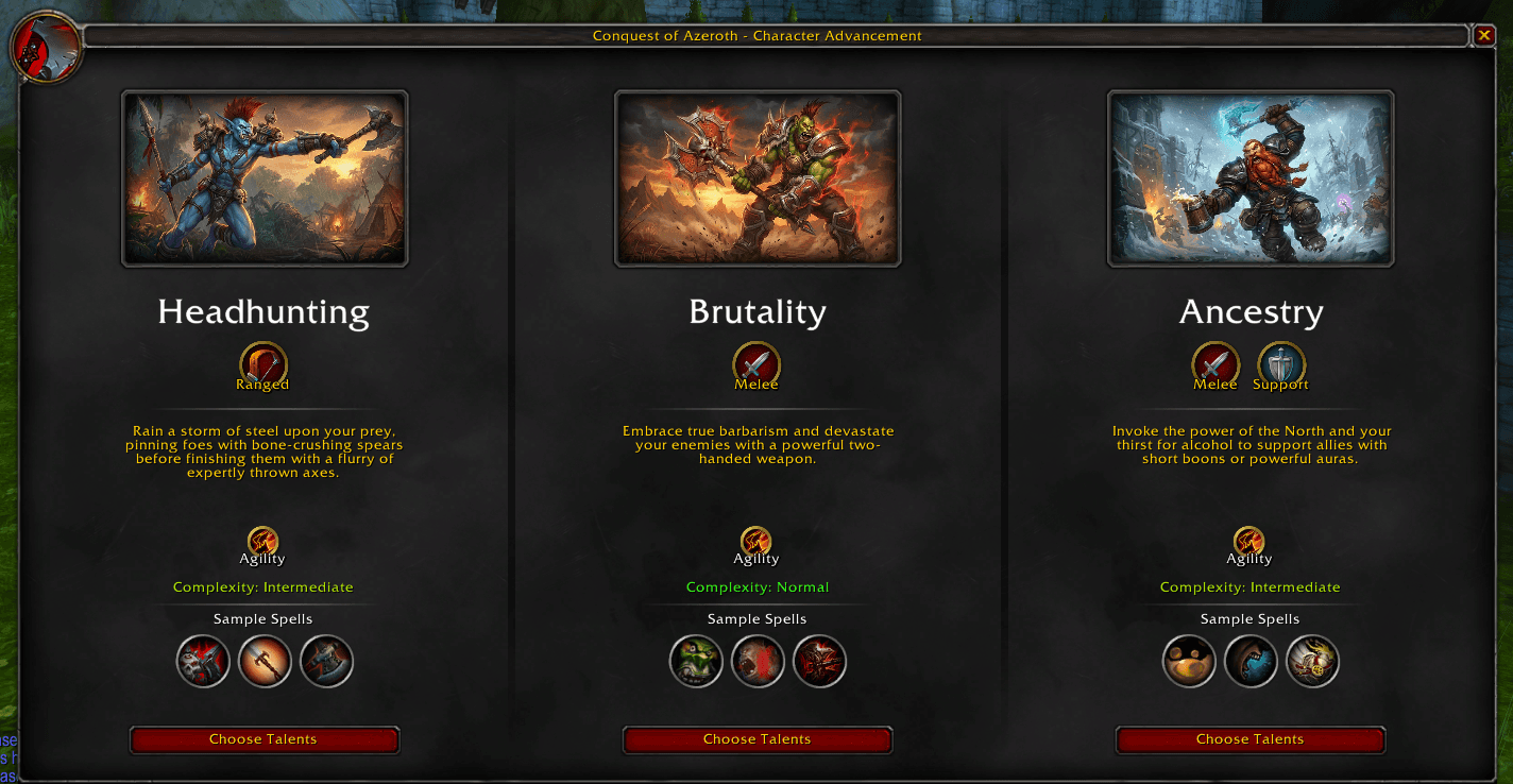Barbarian specialization selection showing Headhunting, Brutality, and Ancestry