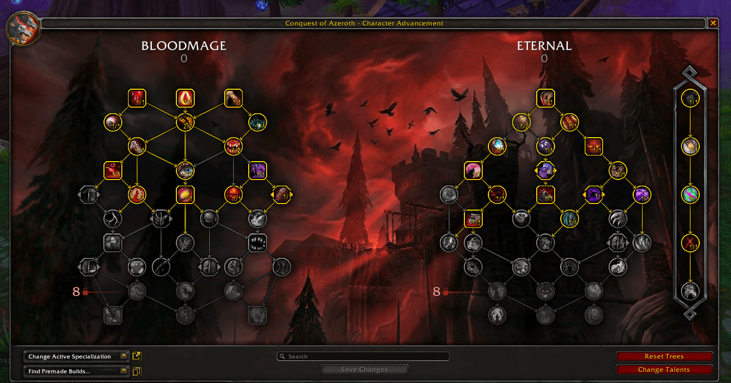Bloodmage and Eternal talent trees in the character advancement interface