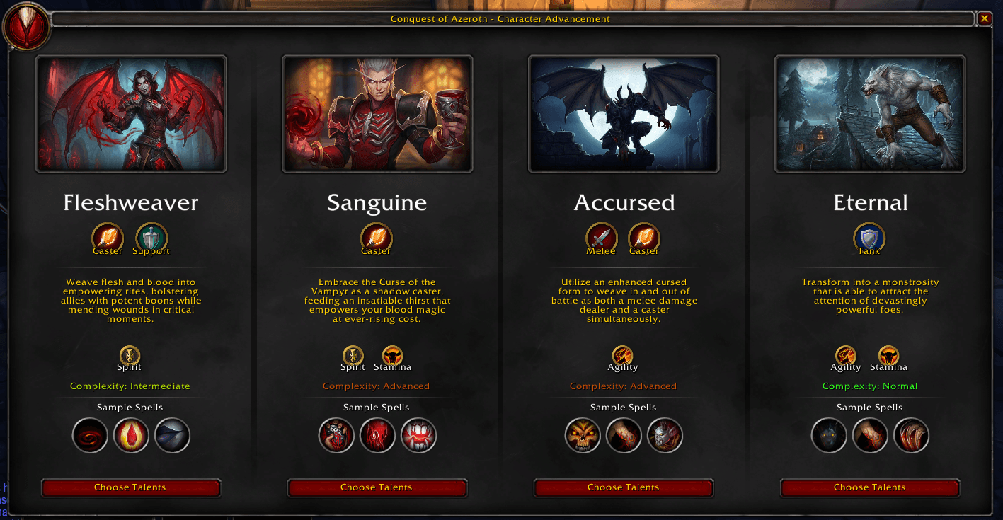 Bloodmage specialization selection showing Fleshweaver, Sanguine, Accursed, and Eternal