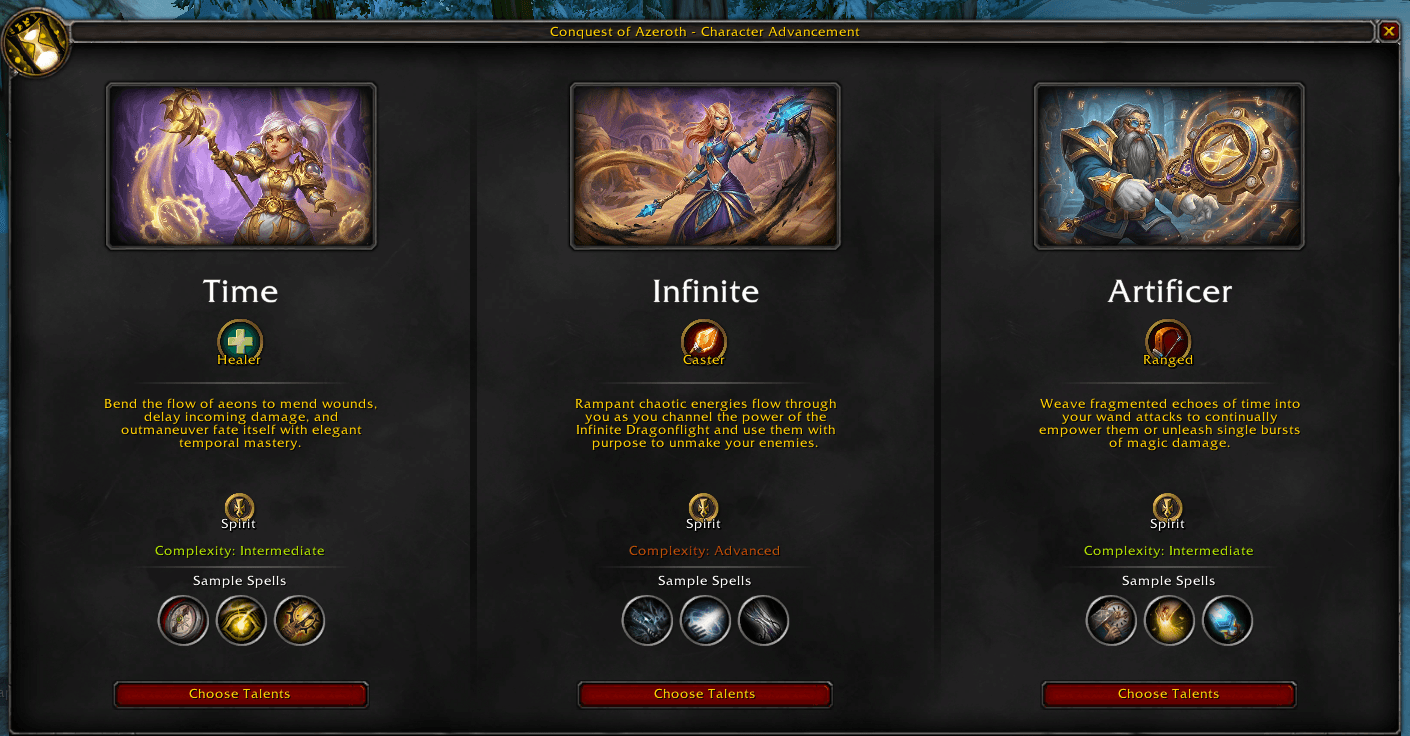 Chronomancer specialization selection showing Time, Infinite, and Artificer