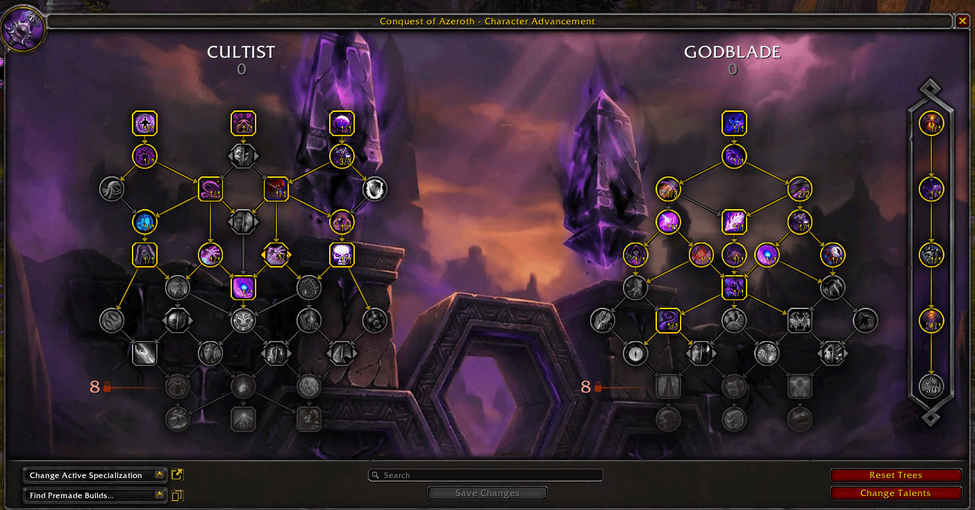 Cultist and Godblade talent trees in the character advancement interface