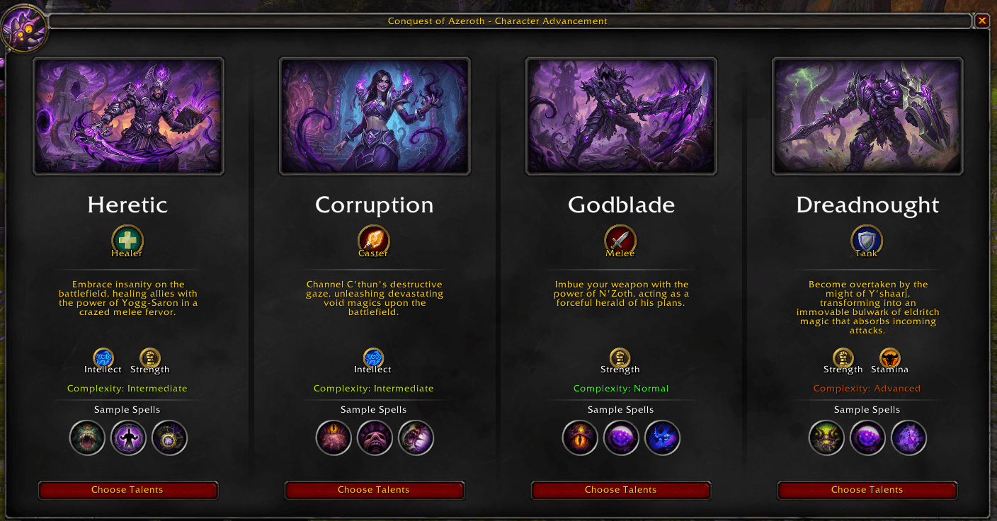 Cultist specialization selection showing Heretic, Corruption, Godblade, and Dreadnought