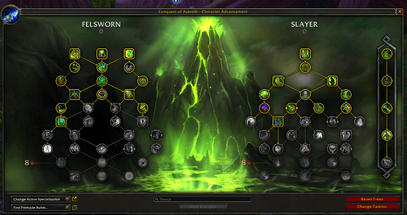 Felsworn and Slayer talent trees in the character advancement interface