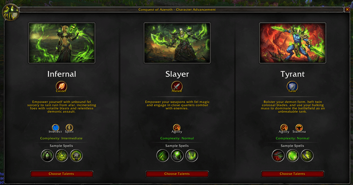 Felsworn specialization selection showing Infernal, Slayer, and Tyrant