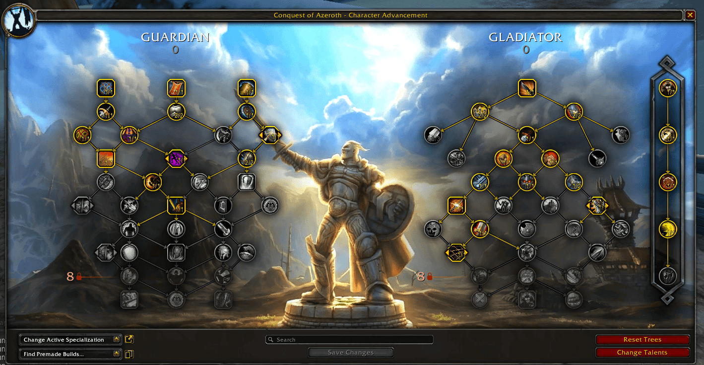 Guardian and Gladiator talent trees in the character advancement interface