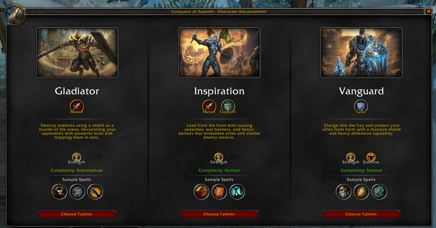 Guardian specialization selection showing Gladiator, Inspiration, and Vanguard