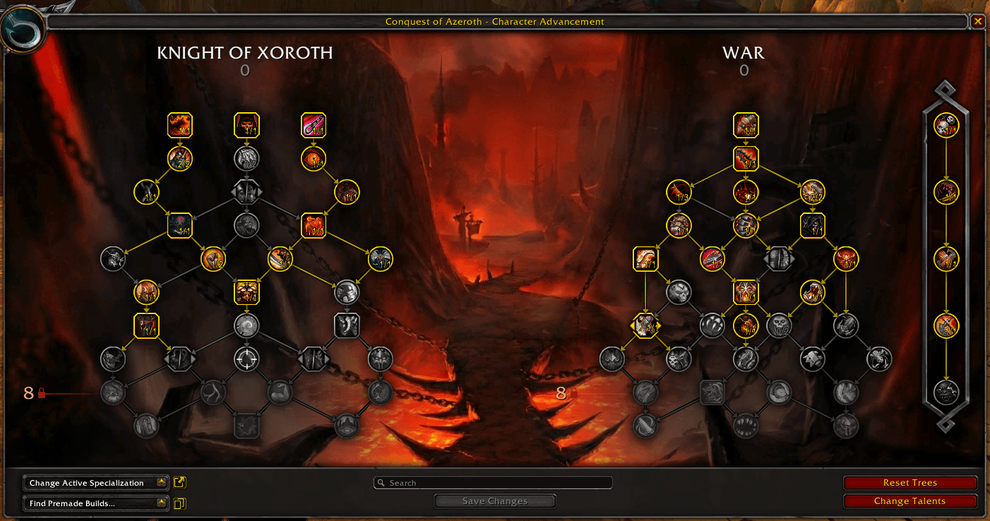 Knight of Xoroth and War talent trees in the character advancement interface