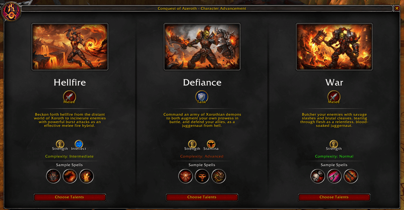 Knight of Xoroth specialization selection showing Hellfire, Defiance, and War
