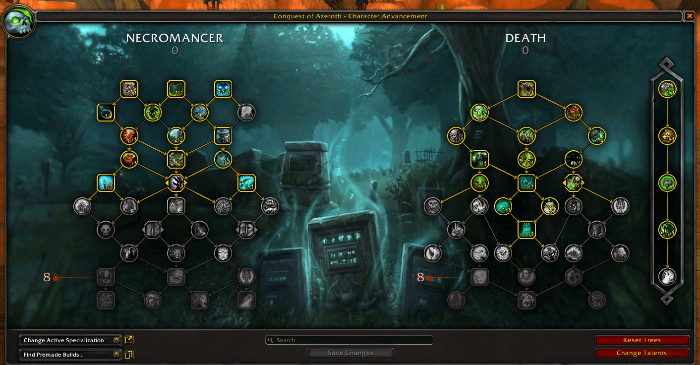 Necromancer and Death talent trees in the character advancement interface
