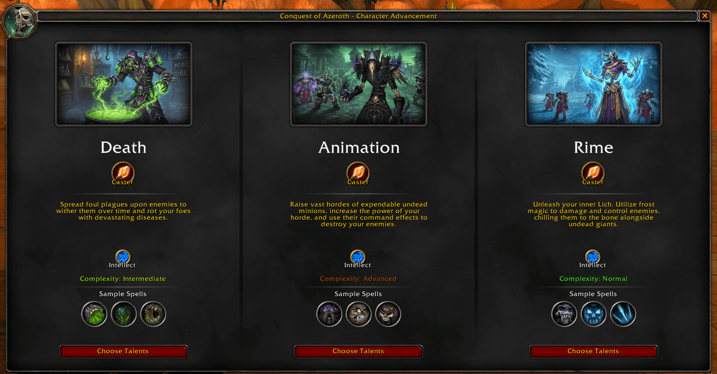 Necromancer specialization selection showing Death, Animation, and Rime