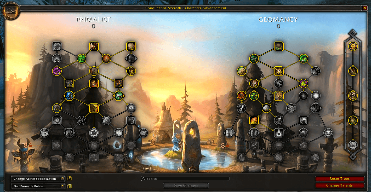 Primalist and Geomancy talent trees in the character advancement interface