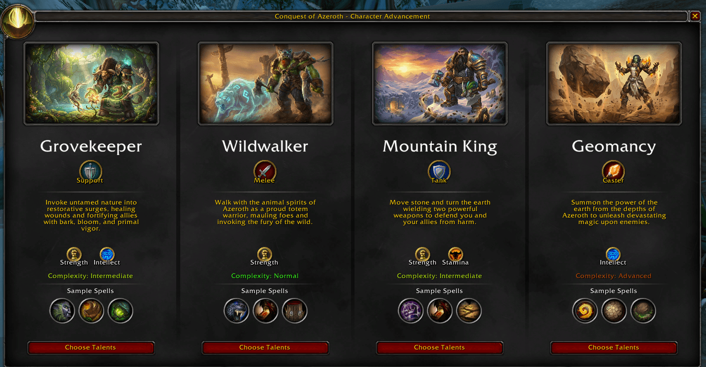 Primalist specialization selection showing Grovekeeper, Wildwalker, Mountain King, and Geomancy