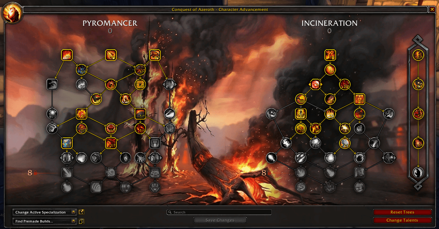Pyromancer and Incineration talent trees in the character advancement interface