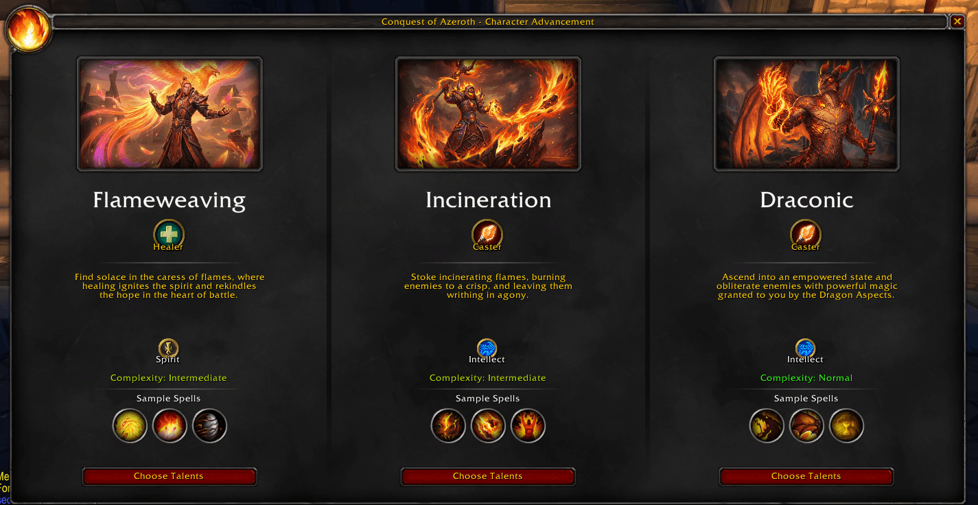 Pyromancer specialization selection showing Flameweaving, Incineration, and Draconic