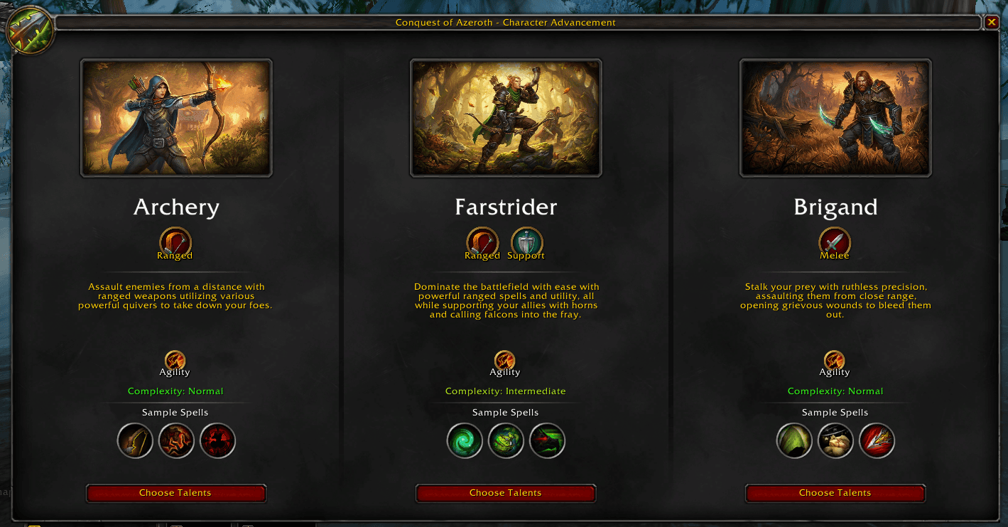 Ranger specialization selection showing Archery, Farstrider, and Brigand