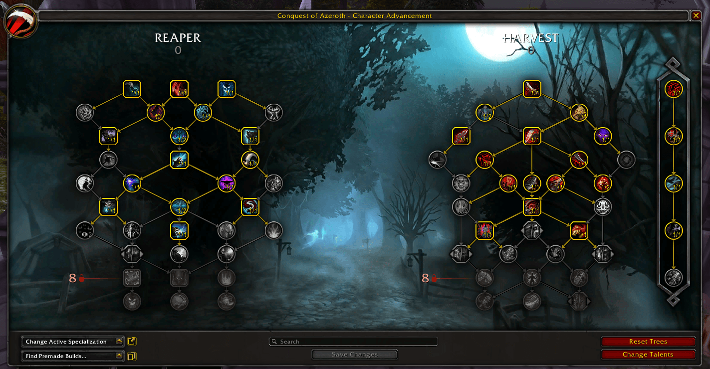Reaper and Harvest talent trees in the character advancement interface