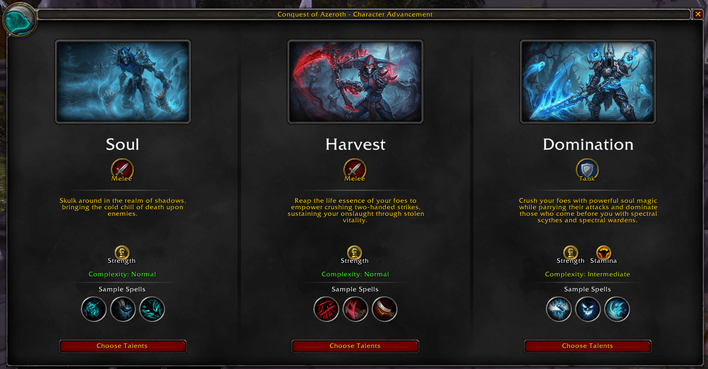 Reaper specialization selection showing Soul, Harvest, and Domination