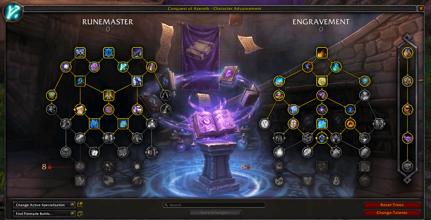 Runemaster and Engravement talent trees in the character advancement interface