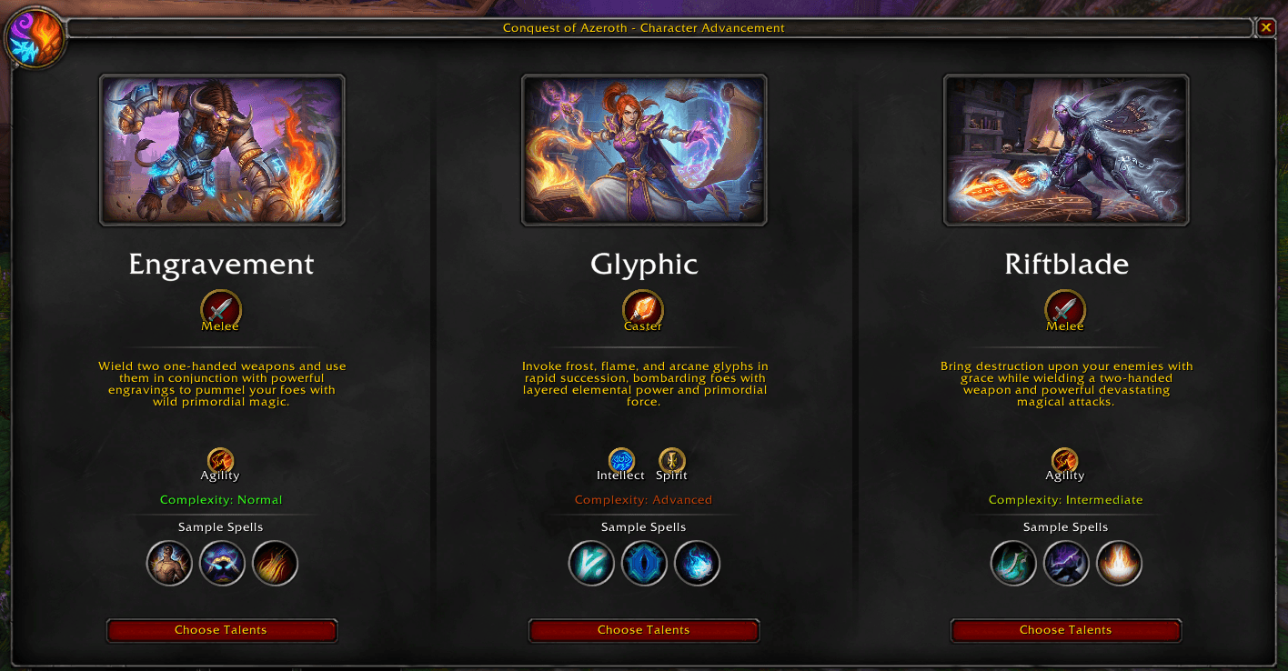 Runemaster specialization selection showing Engravement, Glyphic, and Riftblade