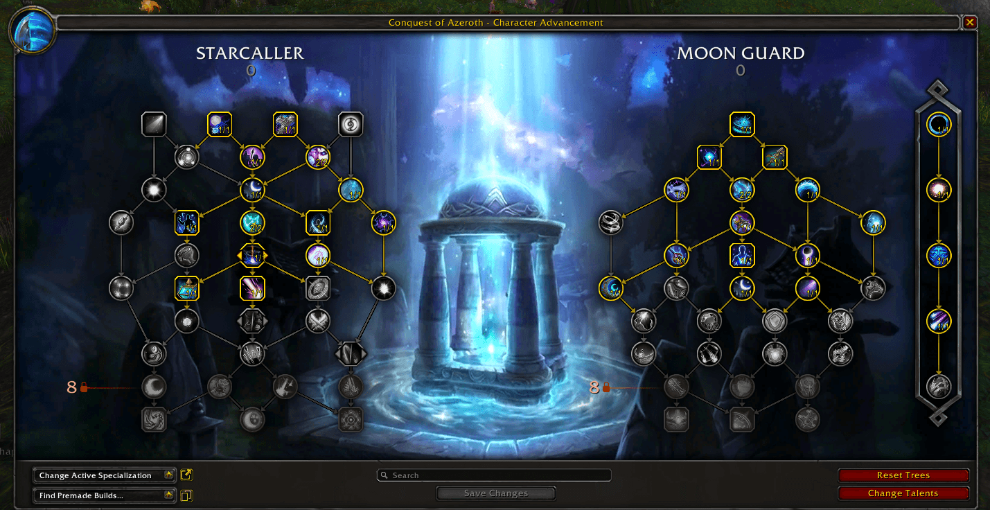 Starcaller and Moon Guard talent trees in the character advancement interface