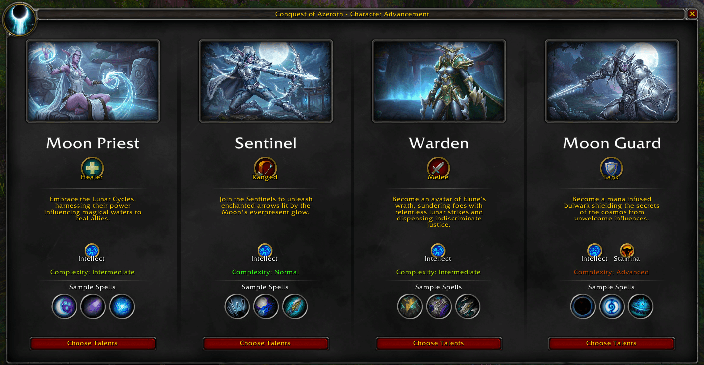 Starcaller specialization selection showing Moon Priest, Sentinel, Warden, and Moon Guard