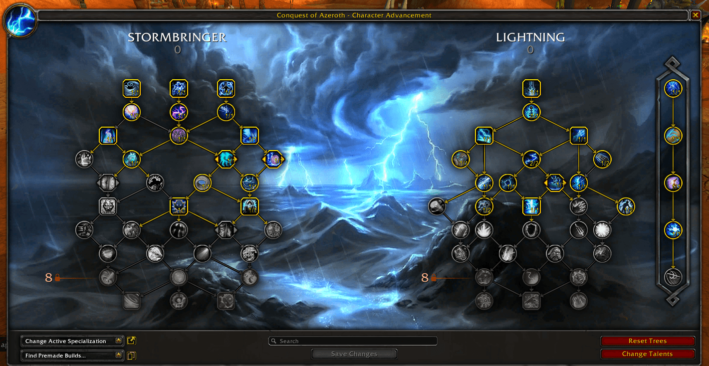Stormbringer and Lightning talent trees in the character advancement interface