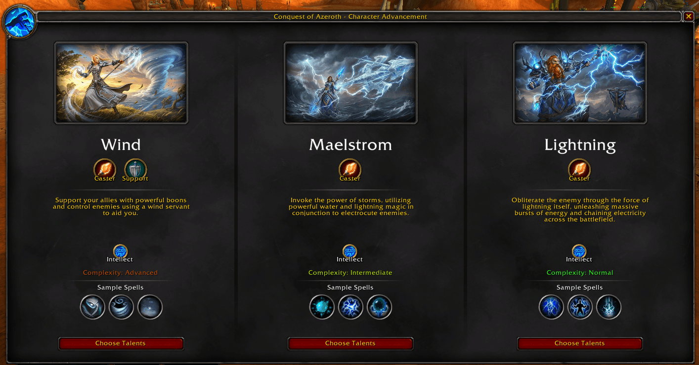 Stormbringer specialization selection showing Wind, Maelstrom, and Lightning
