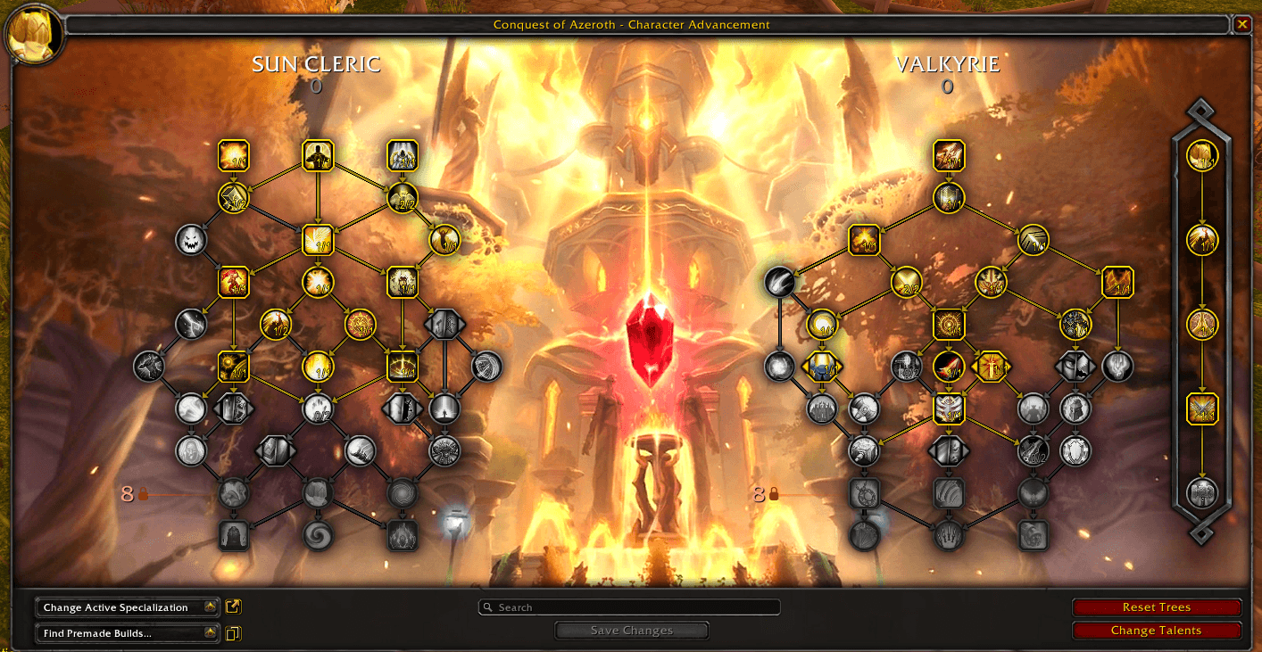Sun Cleric and Valkyrie talent trees in the character advancement interface