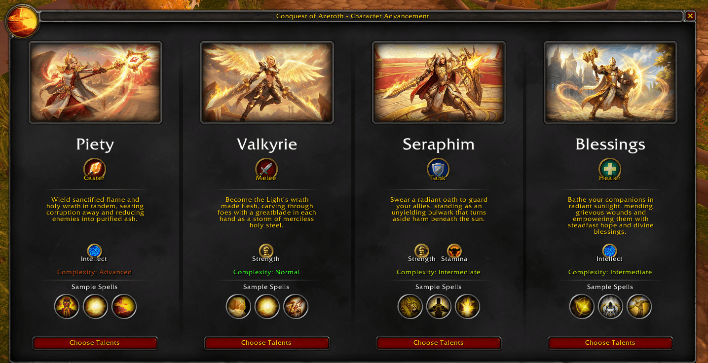 Sun Cleric specialization selection showing Piety, Valkyrie, Seraphim, and Blessings
