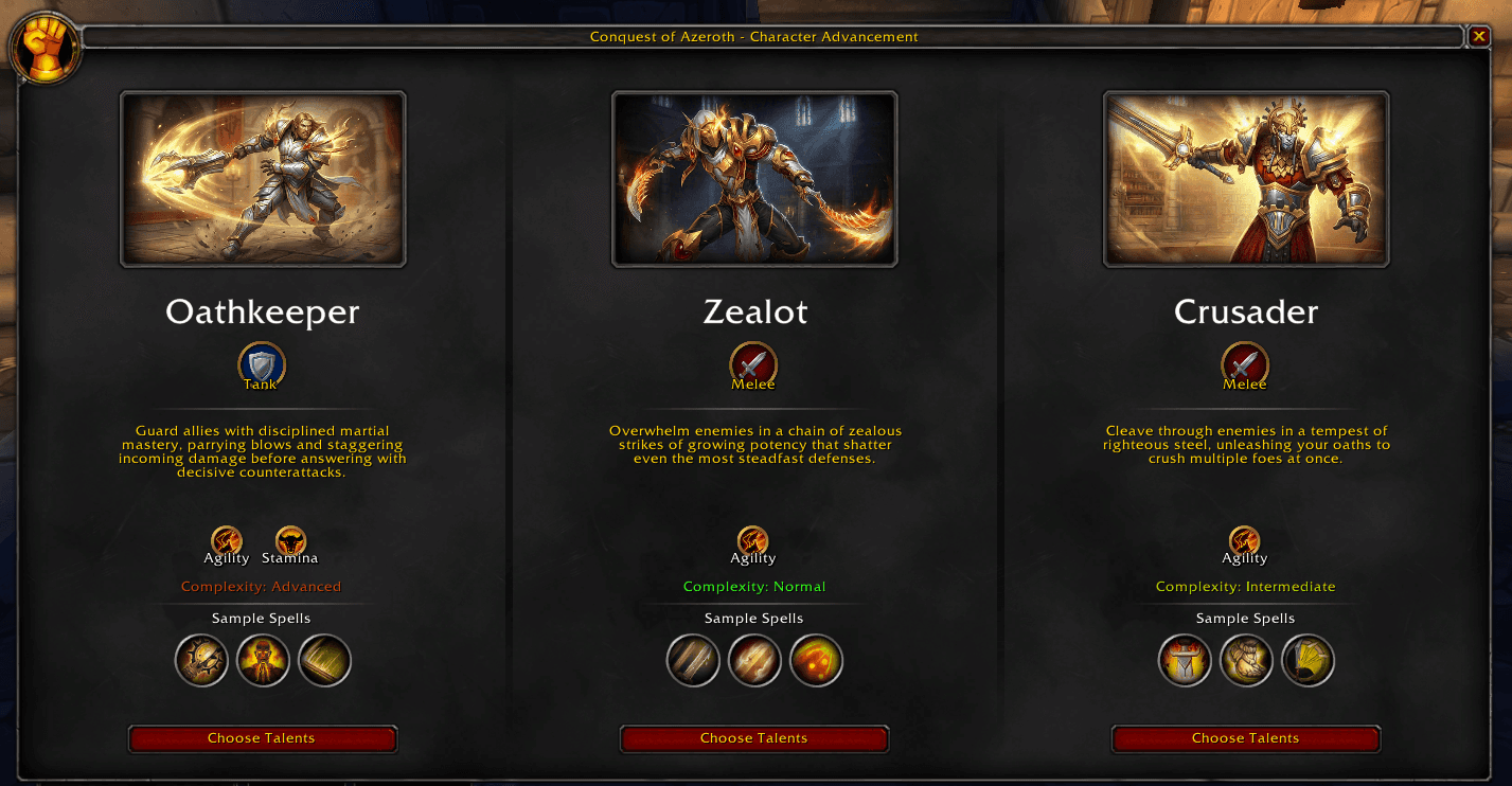 Templar specialization selection showing Oathkeeper, Zealot, and Crusader