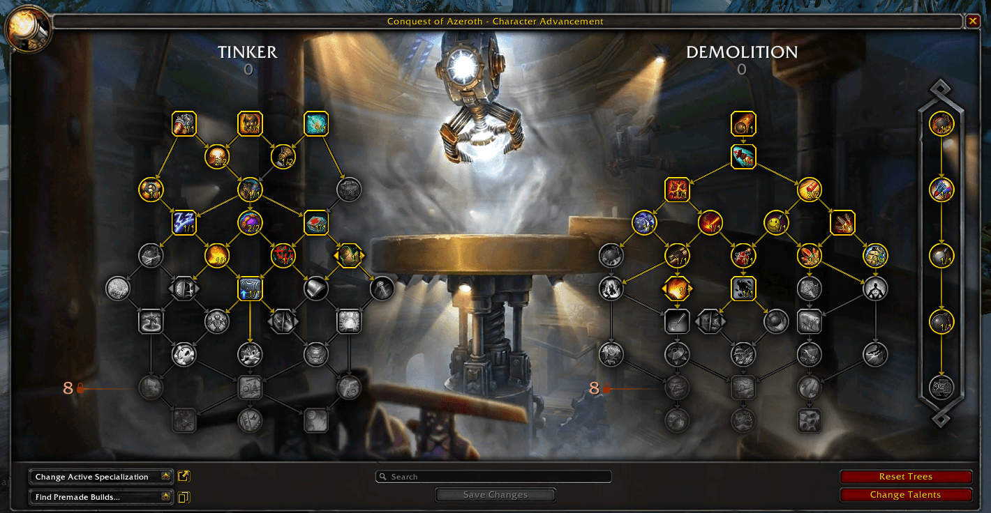 Tinker and Demolition talent trees in the character advancement interface