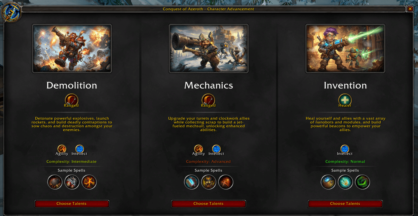 Tinker specialization selection showing Demolition, Mechanics, and Invention