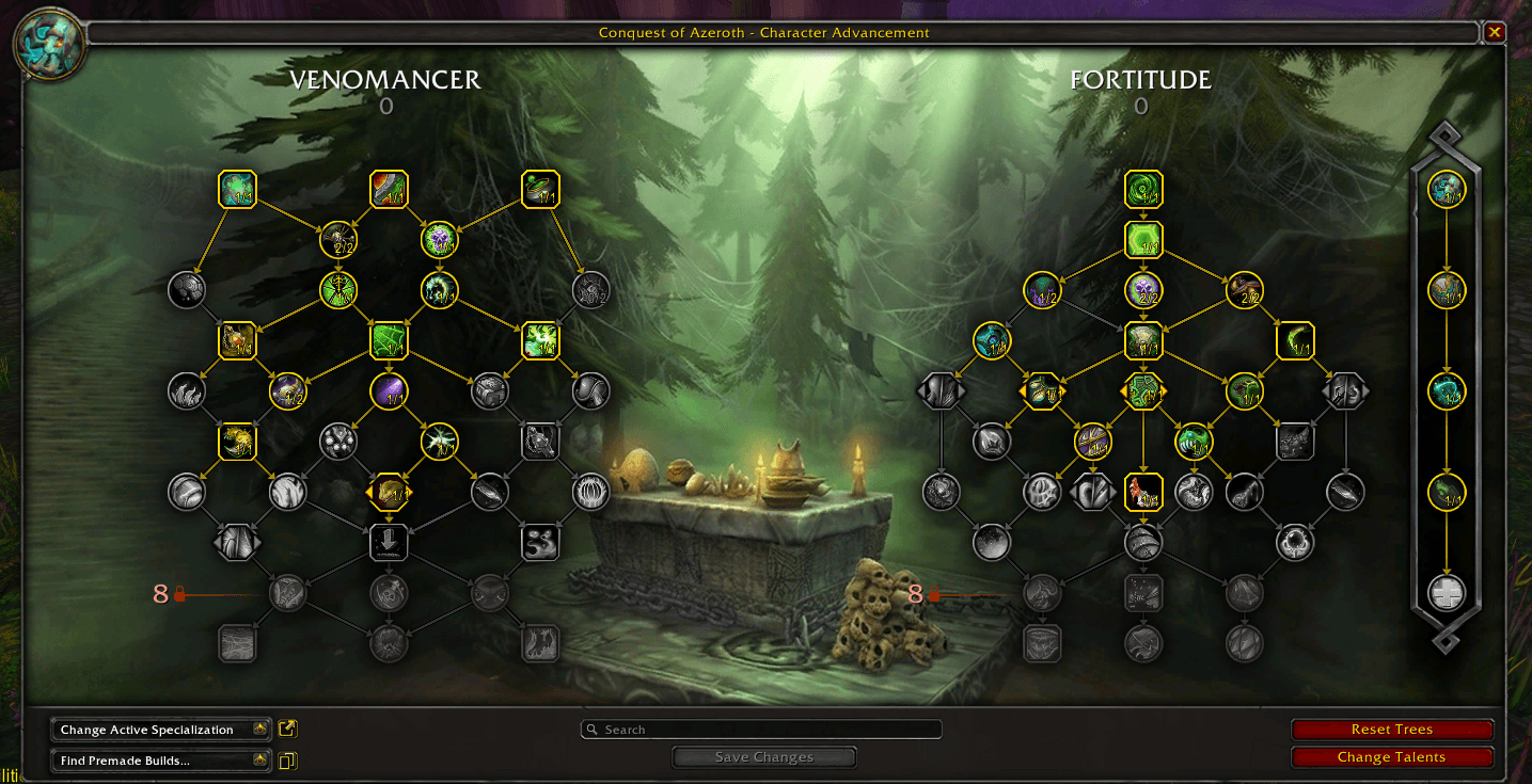 Venomancer and Fortitude talent trees in the character advancement interface