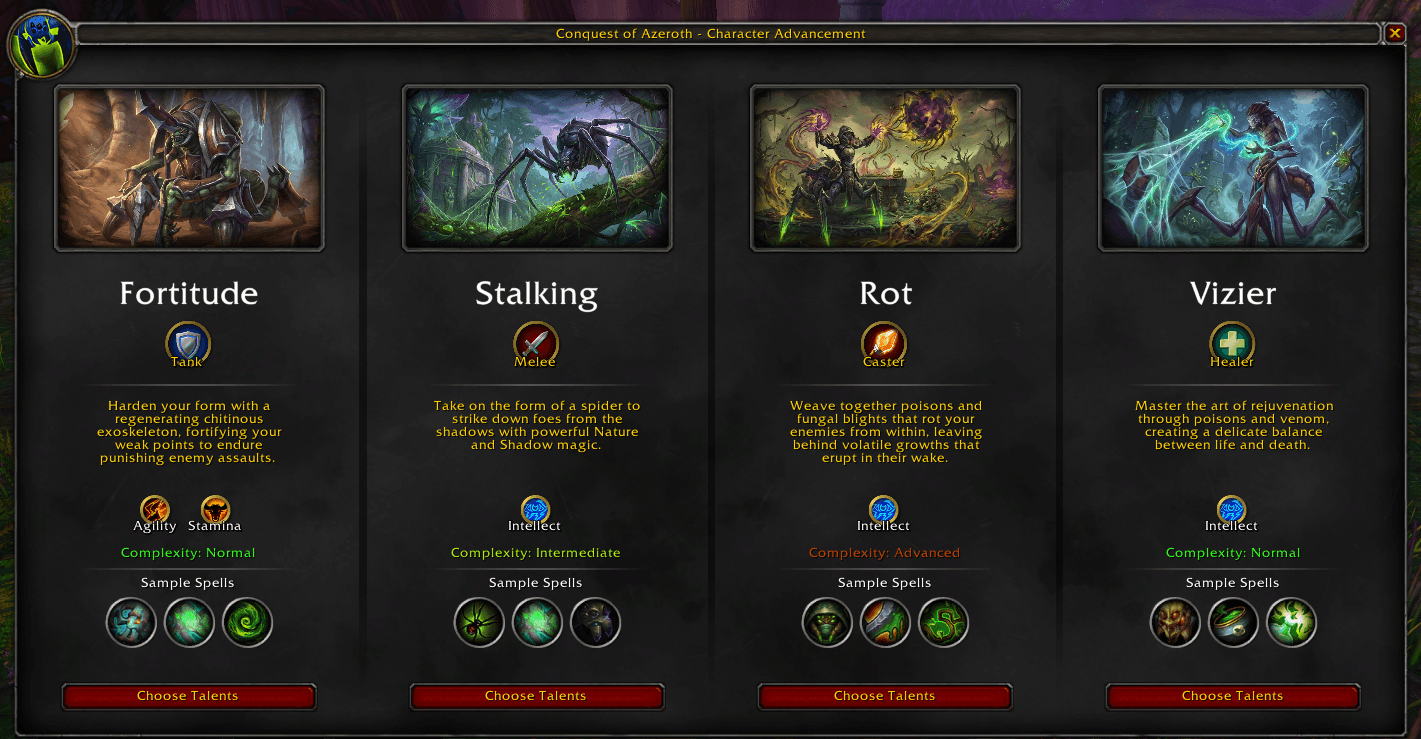 Venomancer specialization selection showing Fortitude, Stalking, Rot, and Vizier