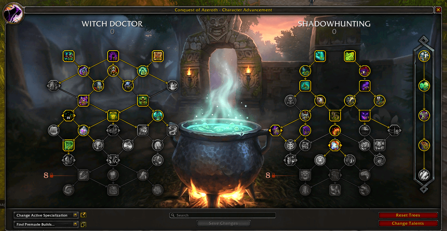 Witch Doctor and Shadowhunting talent trees in the character advancement interface