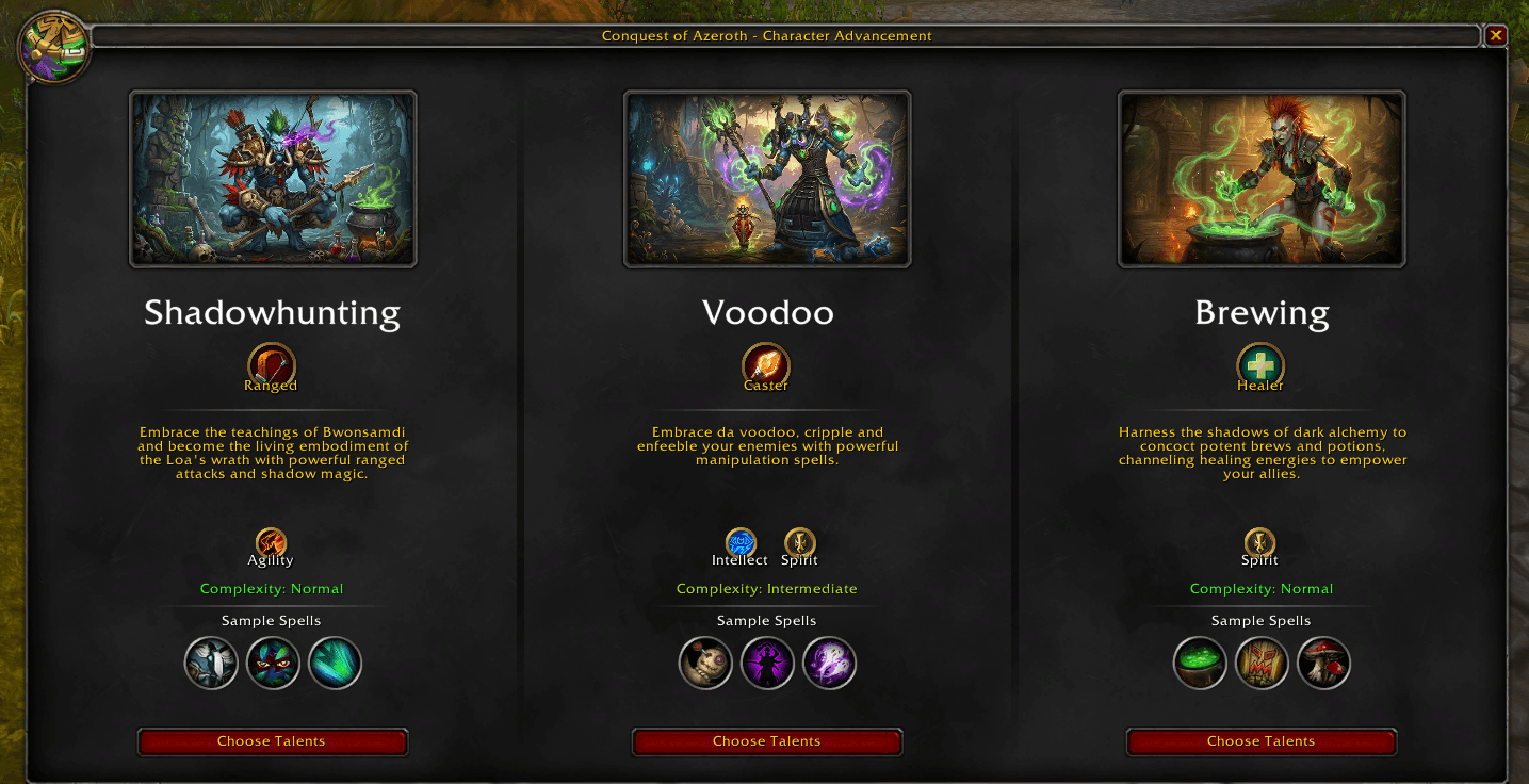 Witch Doctor specialization selection showing Shadowhunting, Voodoo, and Brewing