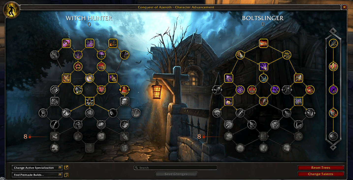 Witch Hunter and Boltslinger talent trees in the character advancement interface