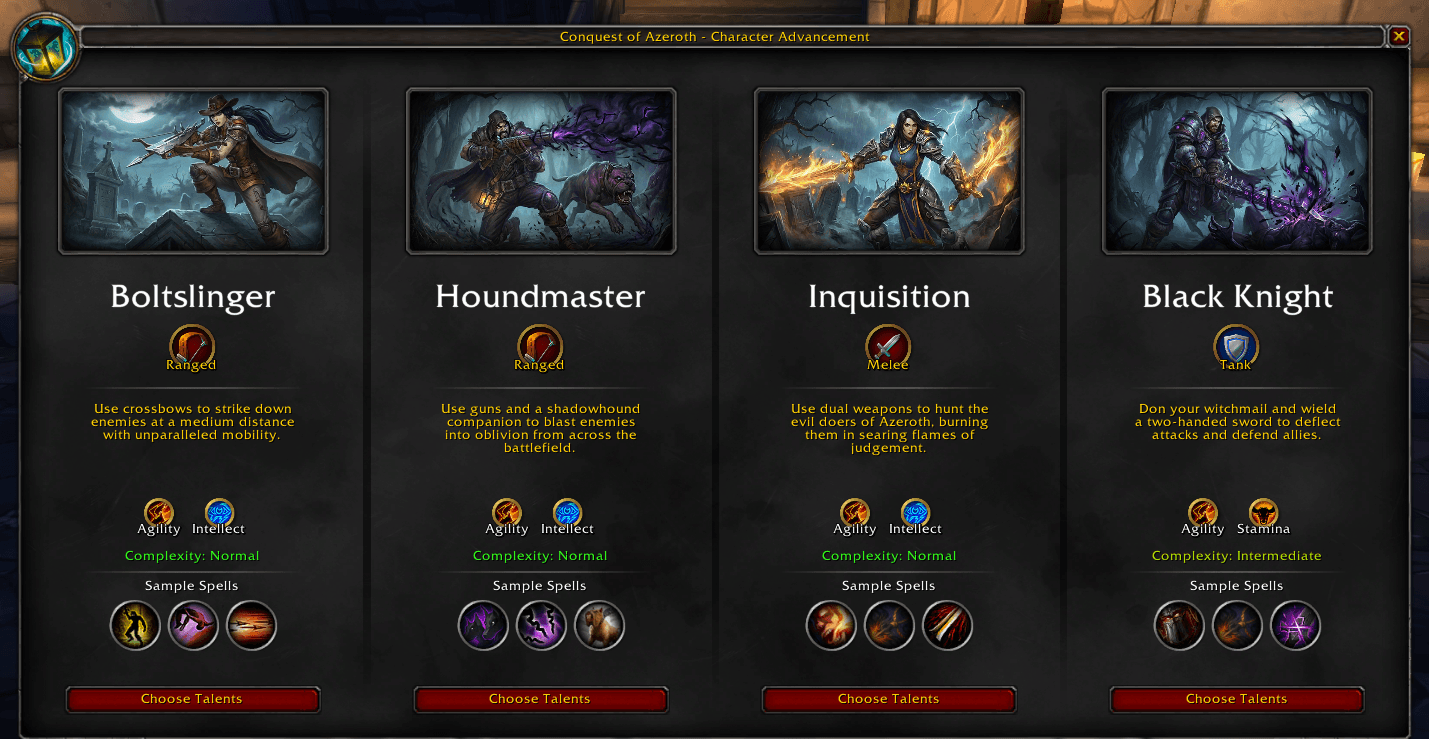 Witch Hunter specialization selection showing Boltslinger, Houndmaster, Inquisition, and Black Knight