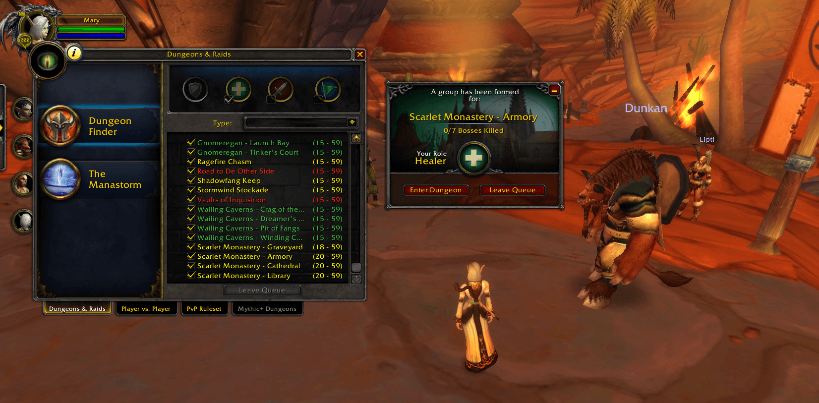 Dungeon Finder window listing available dungeons, with a group formed for Scarlet Monastery - Armory
