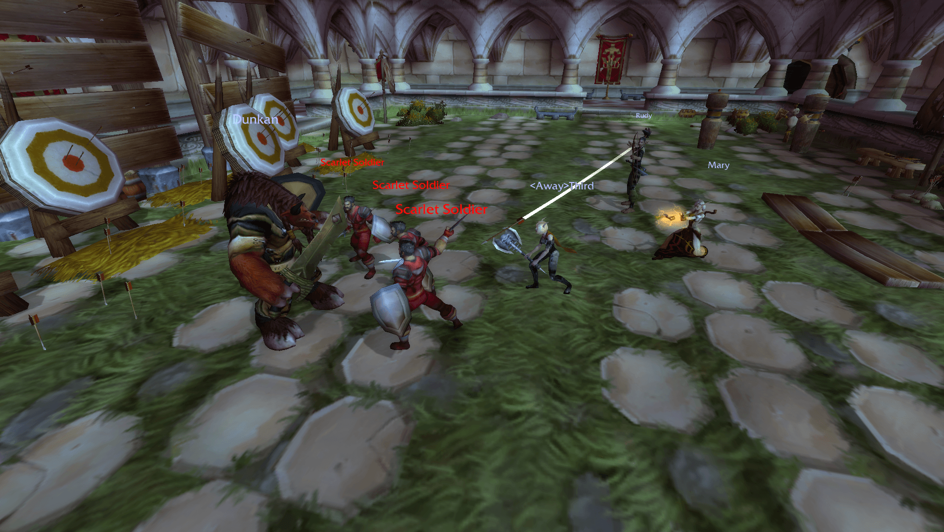 A party fighting Scarlet Soldiers in the Scarlet Monastery courtyard