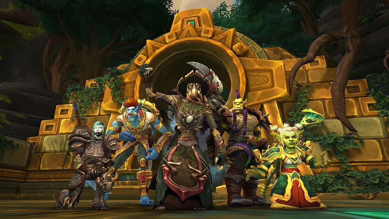 A party of friends adventuring together in Azeroth