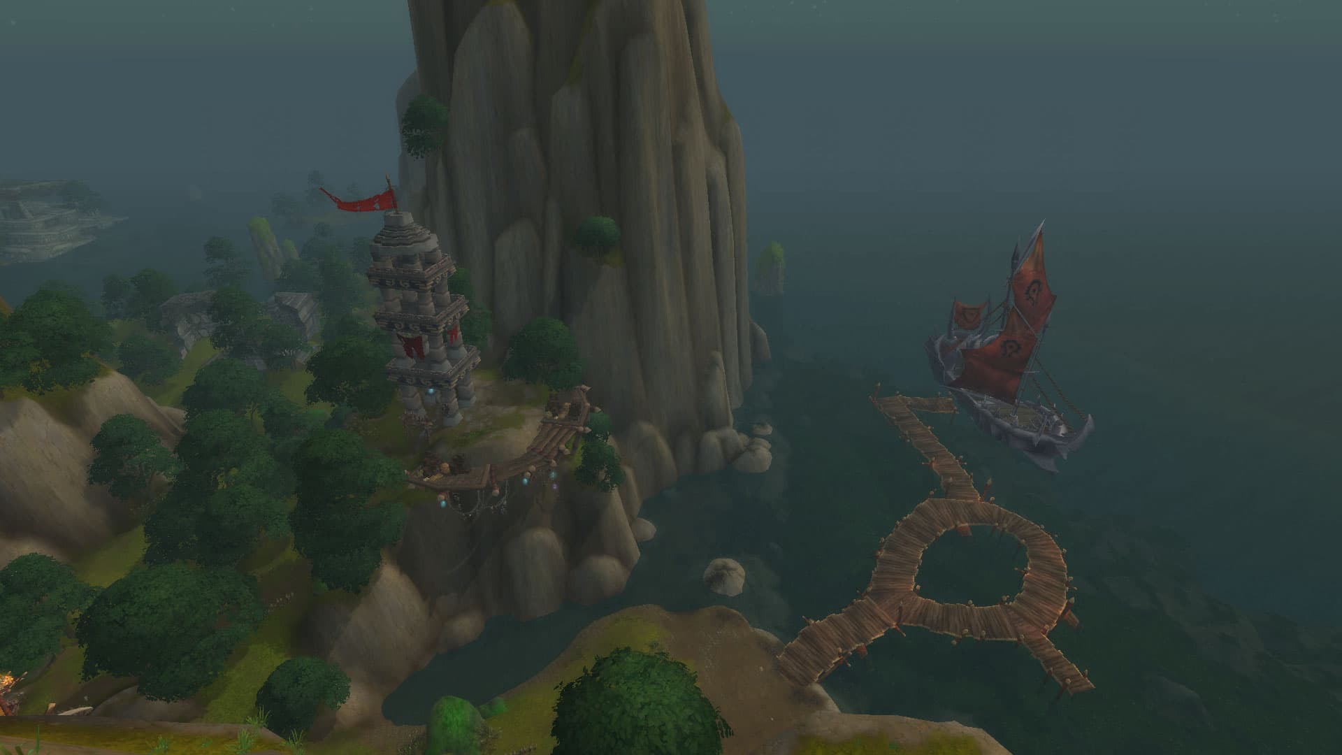 A Horde ship approaching the docks and cliffside towers of Druk'Thar