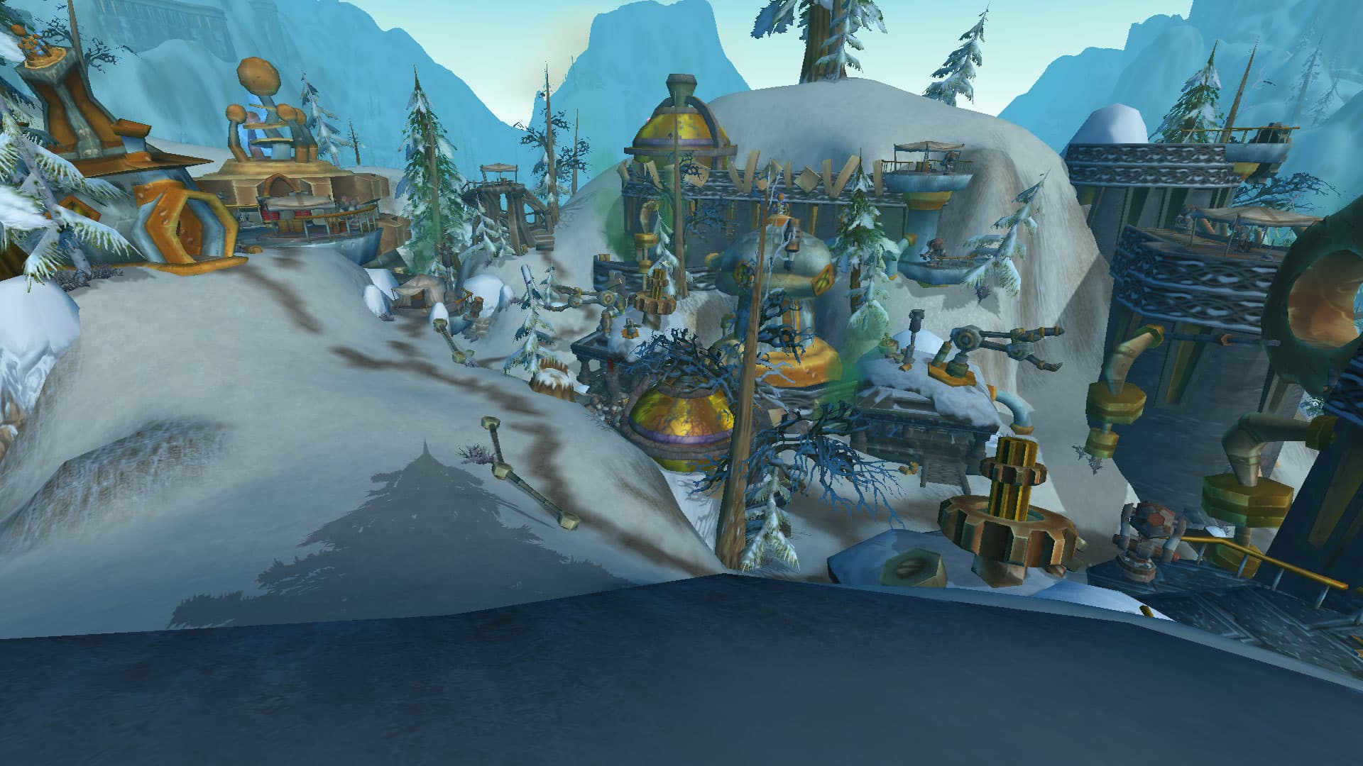 Radiance Town filled with gnomish machinery in a snowy mountain valley