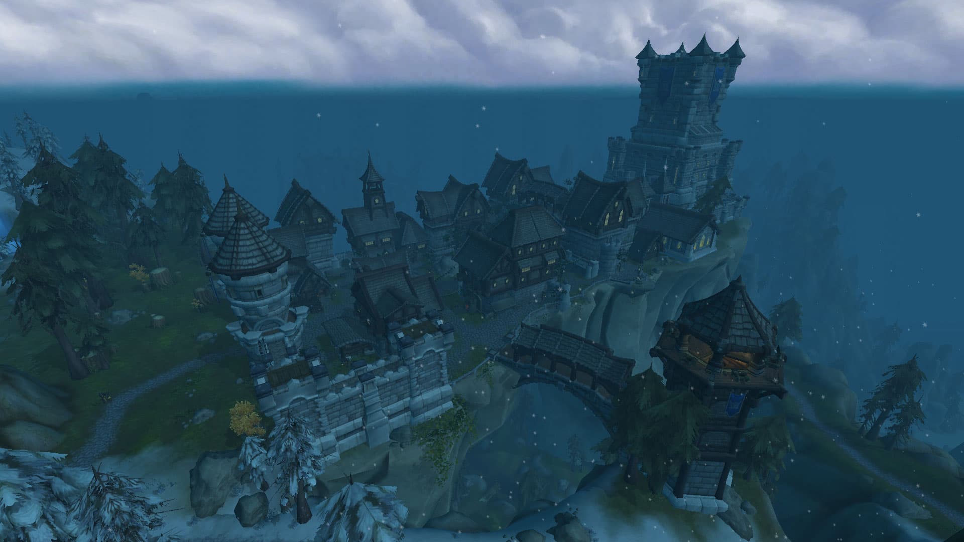 Pale Reach fortress and settlement overlooking a snowy mountain valley
