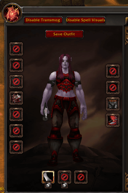 Wardrobe preview showing a red and black custom outfit