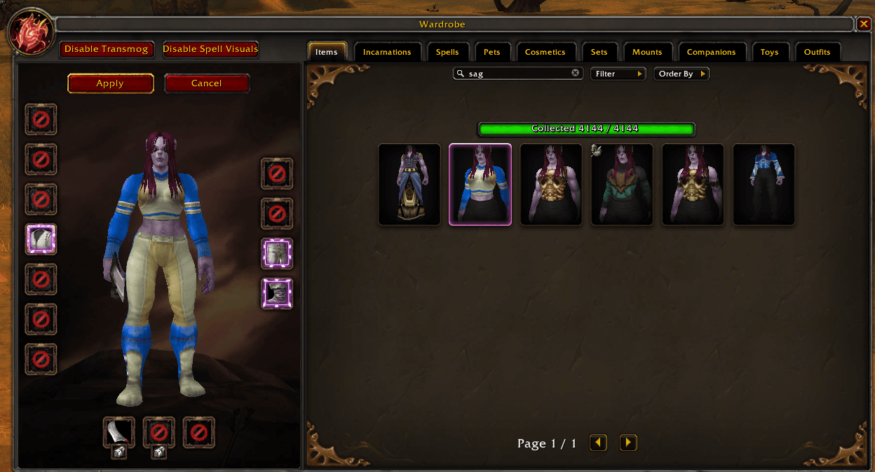 Wardrobe interface displaying collected appearances with search and filter controls