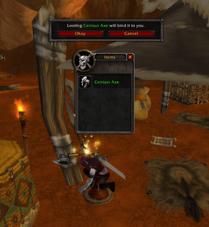 The Centaur Axe Worldforged item being looted and bound to a character